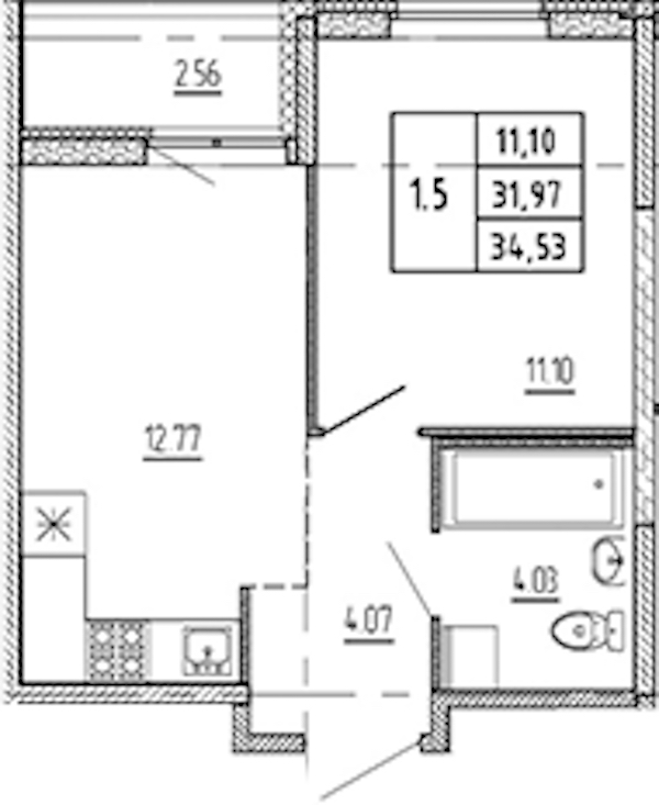 1-комнатная квартира 31.97 м², 2/22 эт., ЖК «Новые горизонты 2»